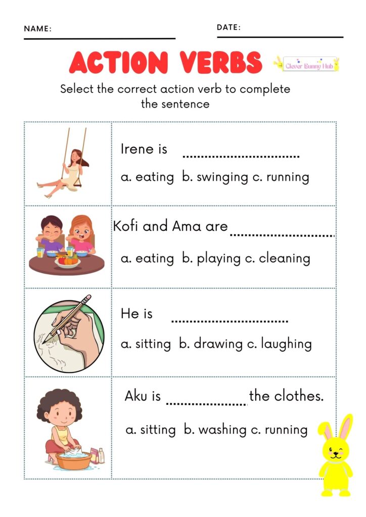 Action verb worksheets for class 1