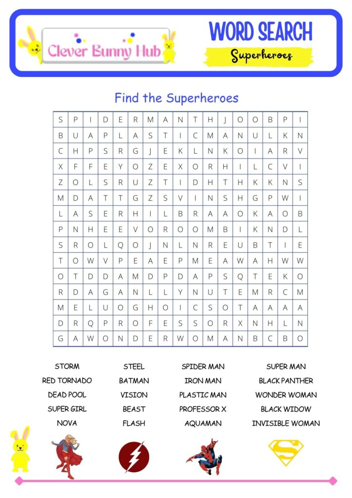 Find the superheroes. Superheroes Word Search Puzzle