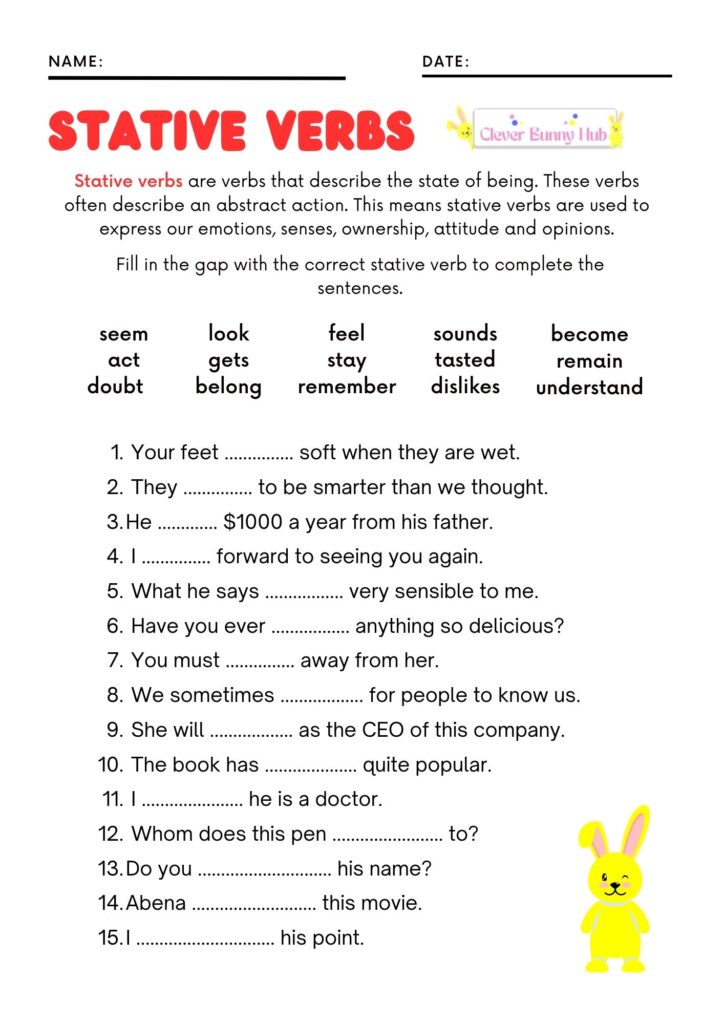 Stative verbs worksheet for class 4