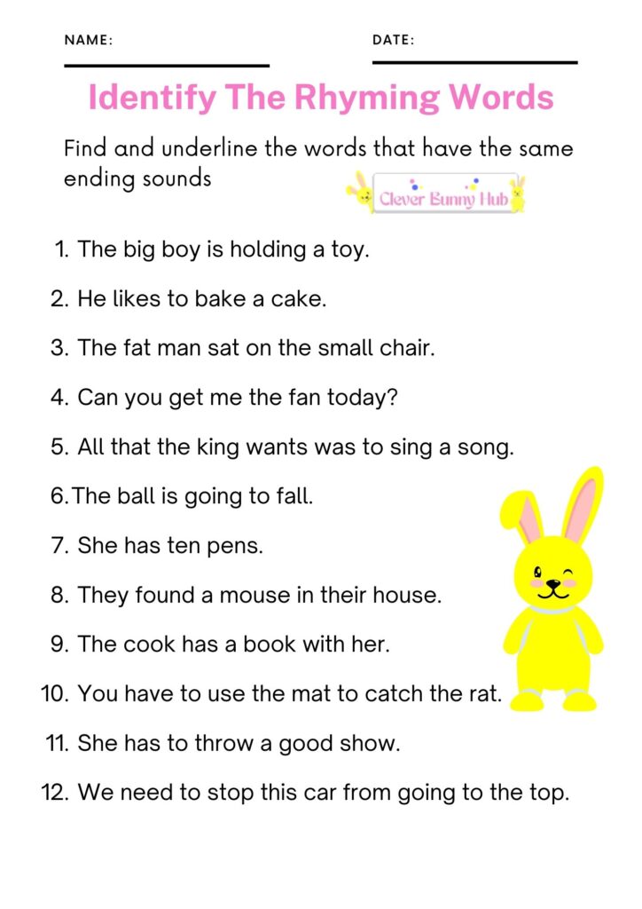 Identify the rhyming words worksheet.