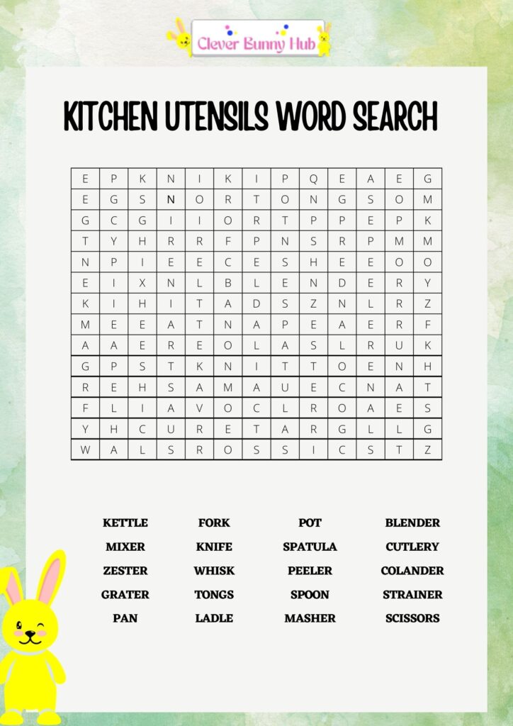 Kitchen utensils word search