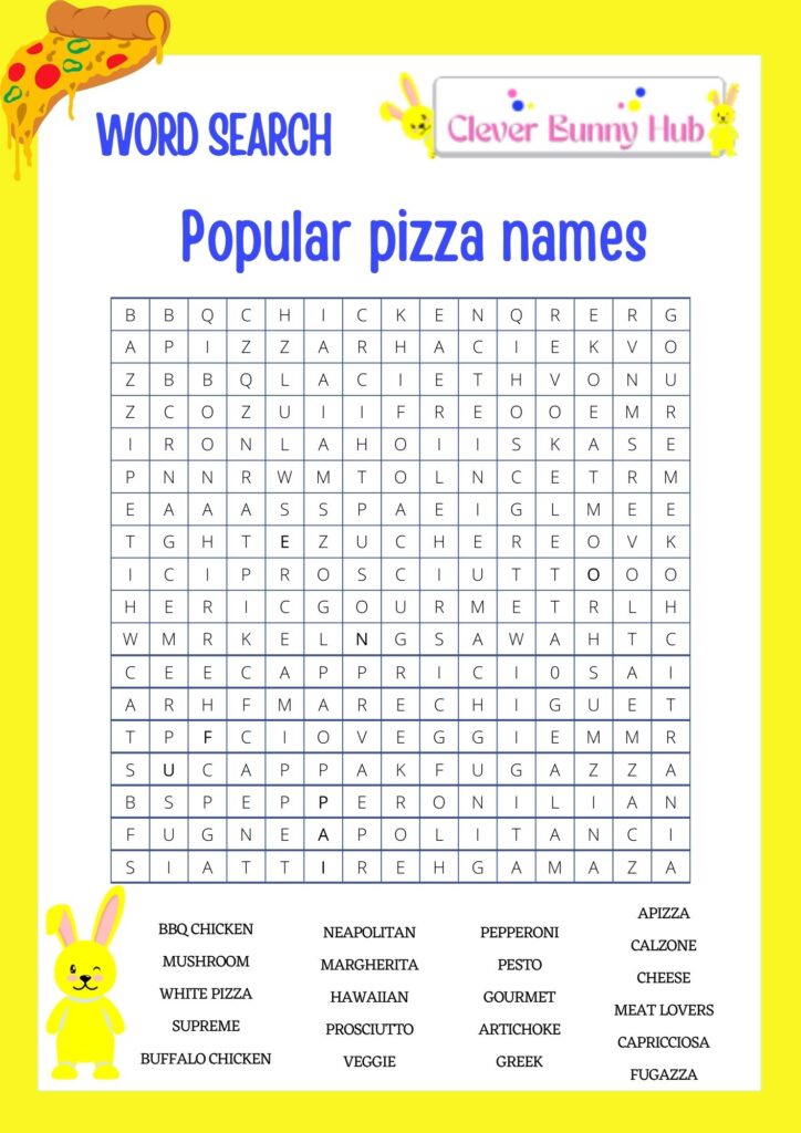 Popular pizza names word search