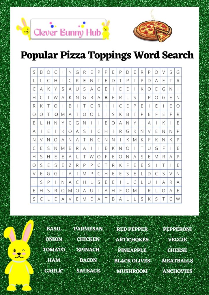 Popular pizza toppings word search