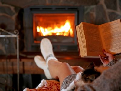 Curling up with a good book by the fireplace