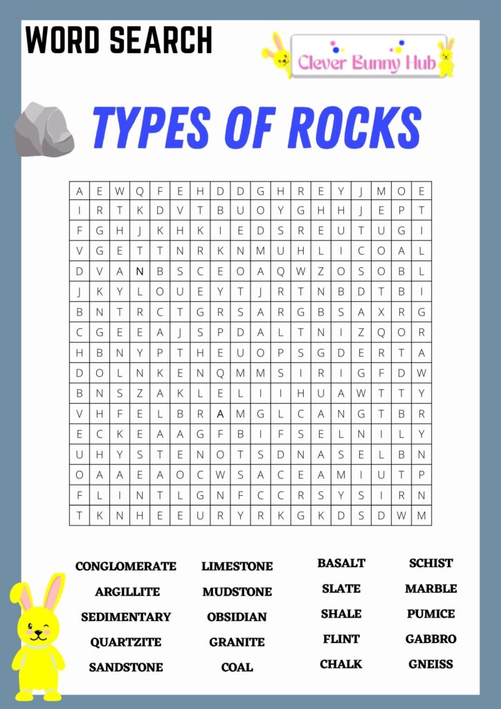 Types of rocks word search