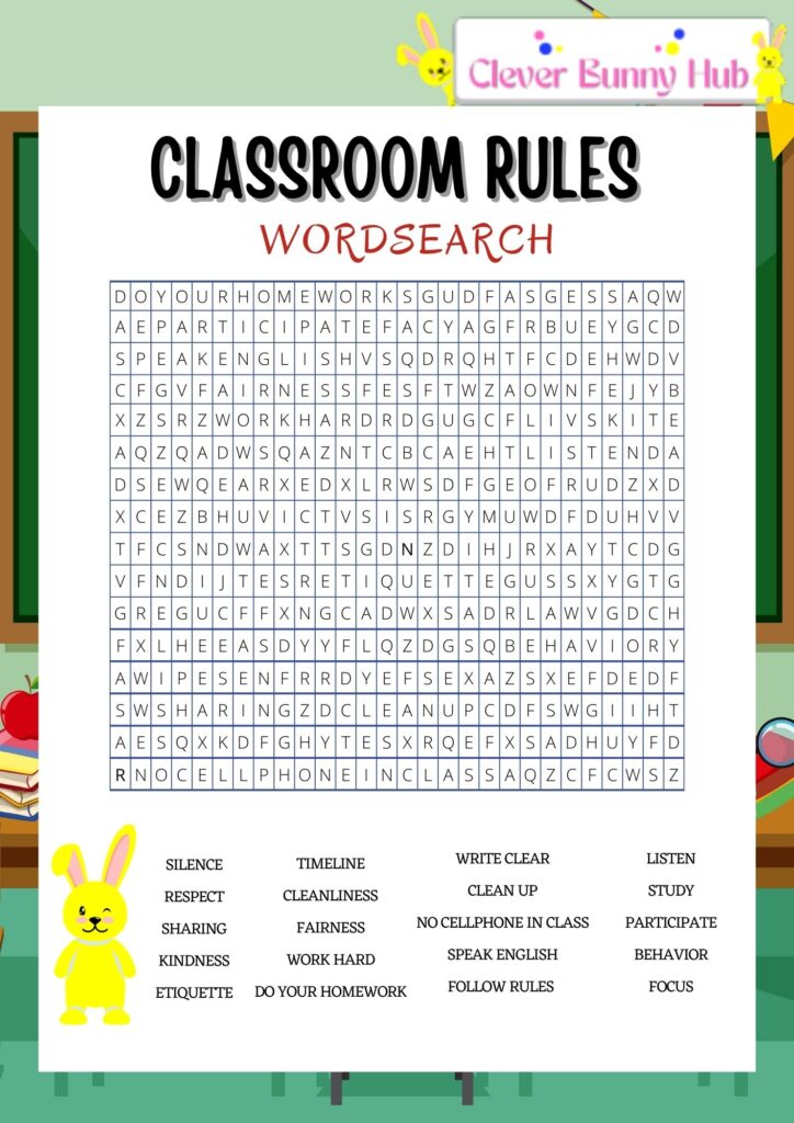 Classroom rules wordsearch