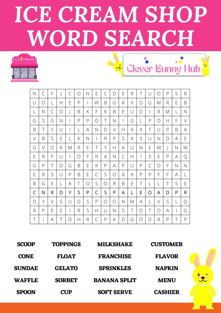Ice cream shop word search