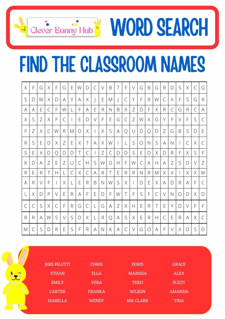Find the classroom names wordsearch