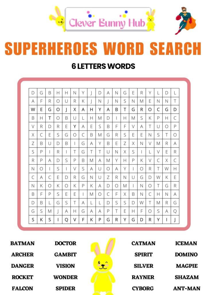 Superheroes Word Search - 6-Letter Words