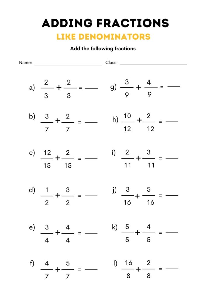 fraction addition worksheet - like denominators