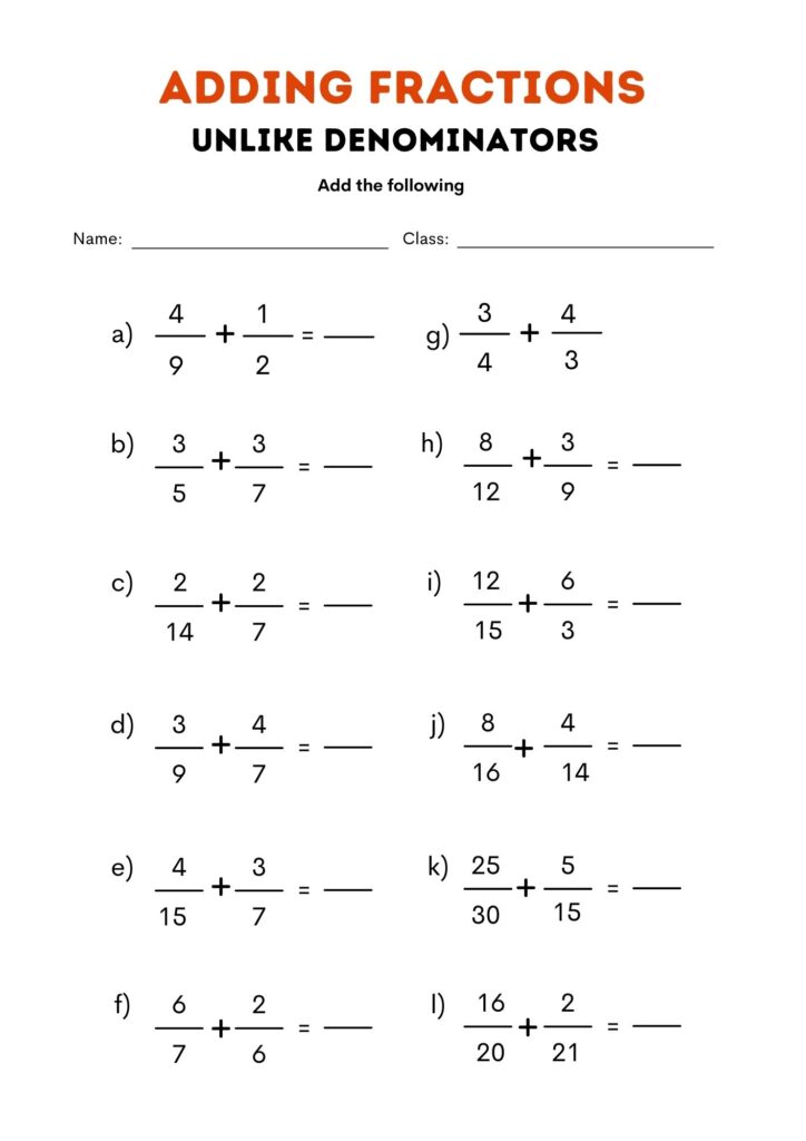 fraction addition worksheet - unlike denominators