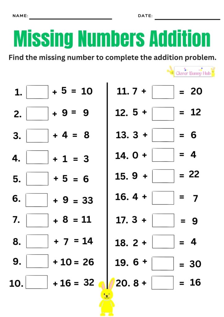 Missing numbers addition worksheet