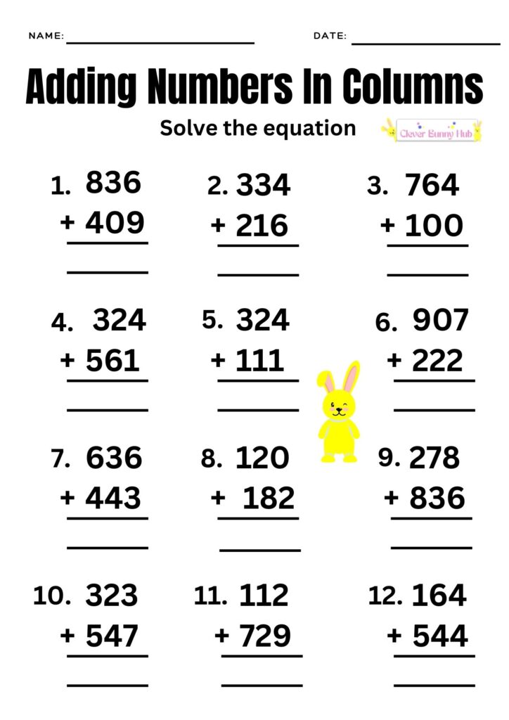 Adding numbers in columns worksheet - 3 column addition