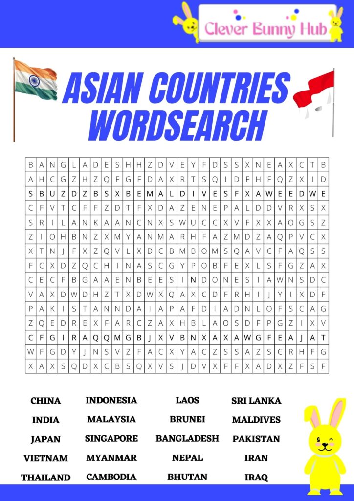 Asian countries wordsearch