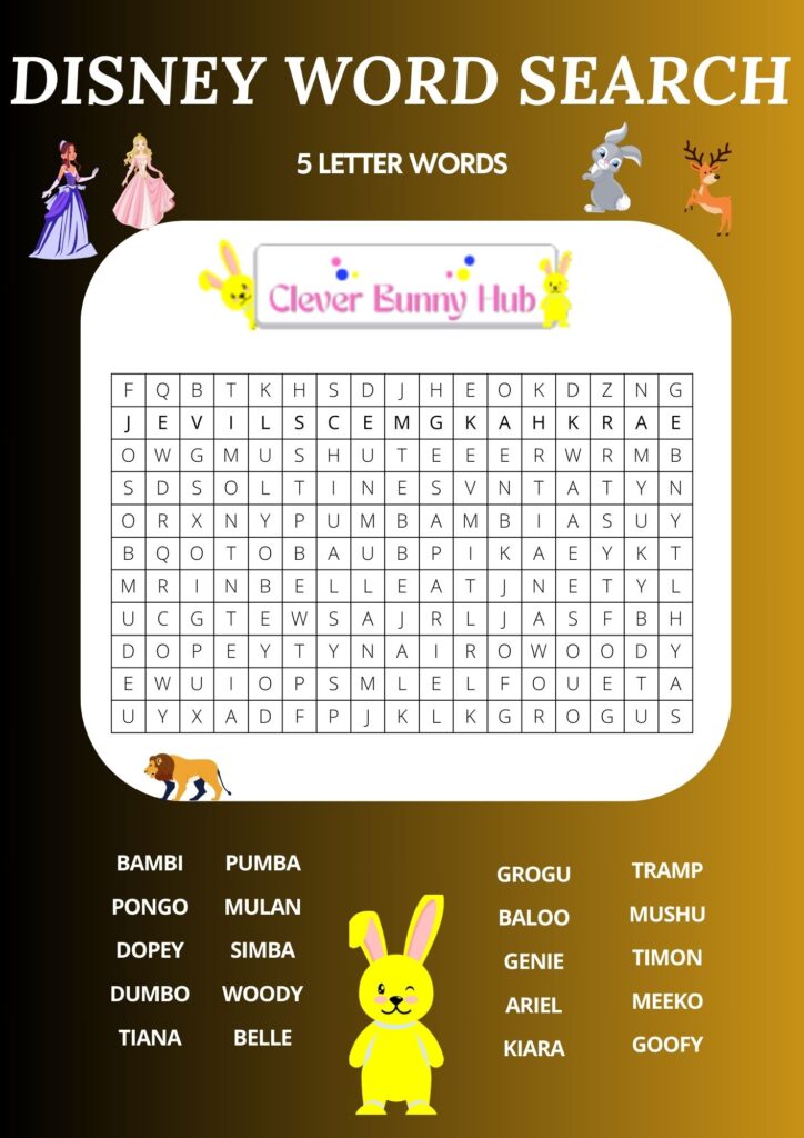 Disney word search -5 letter words