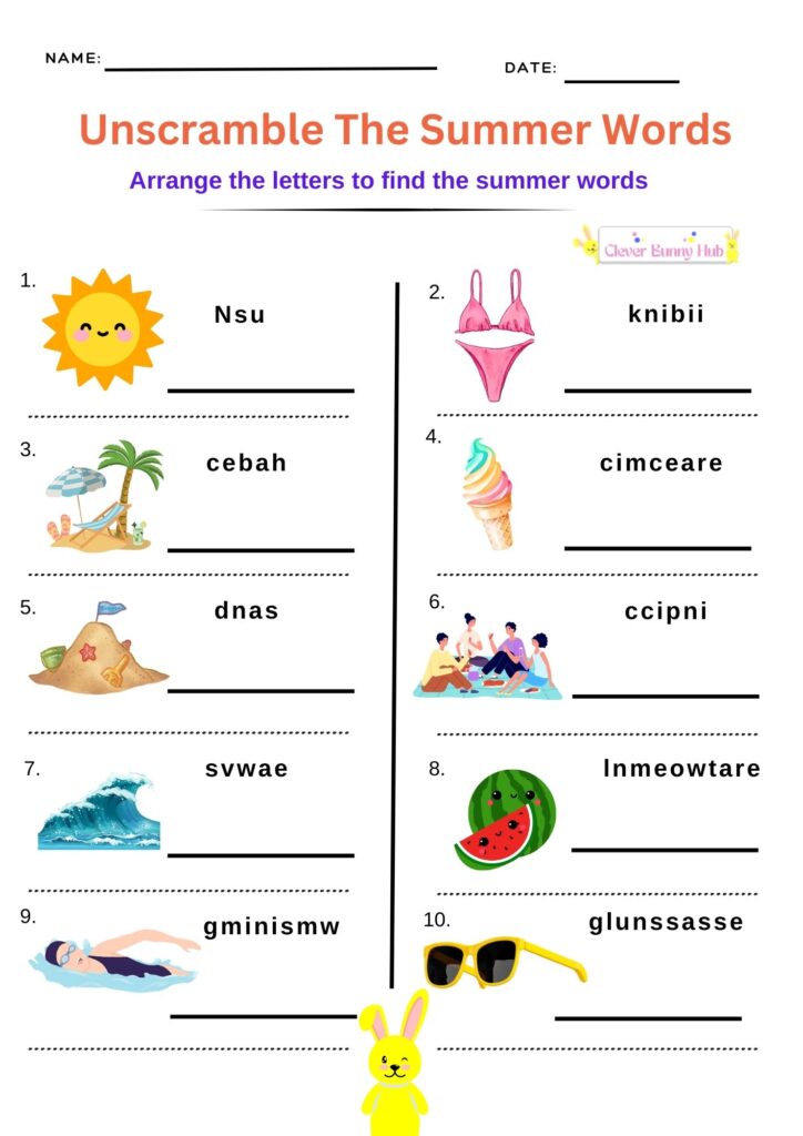 Unscramble the summer words worksheet