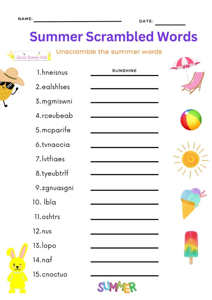 Summer scrambled words worksheet