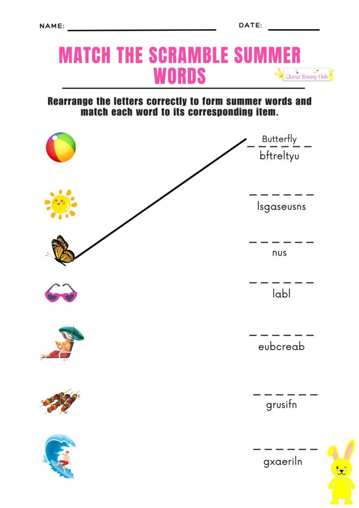 Match the scrambled summer words worksheet