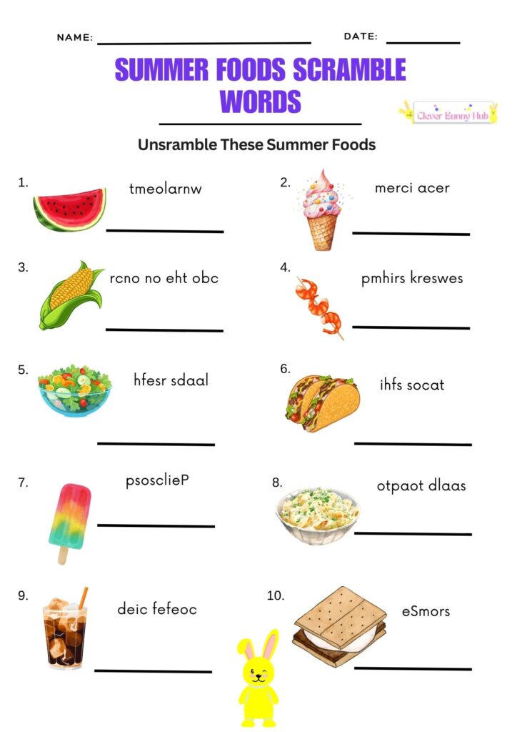 Summer foods scramble words worksheet