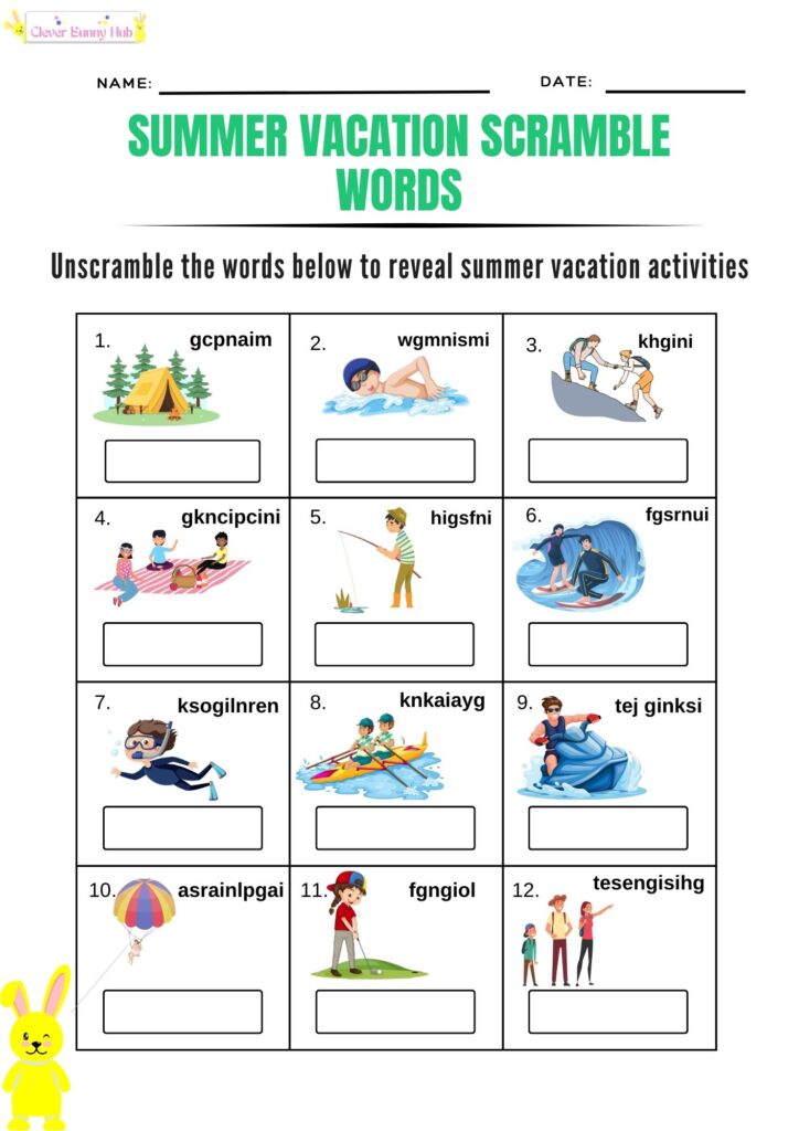 Summer vacation scrambled words worksheet