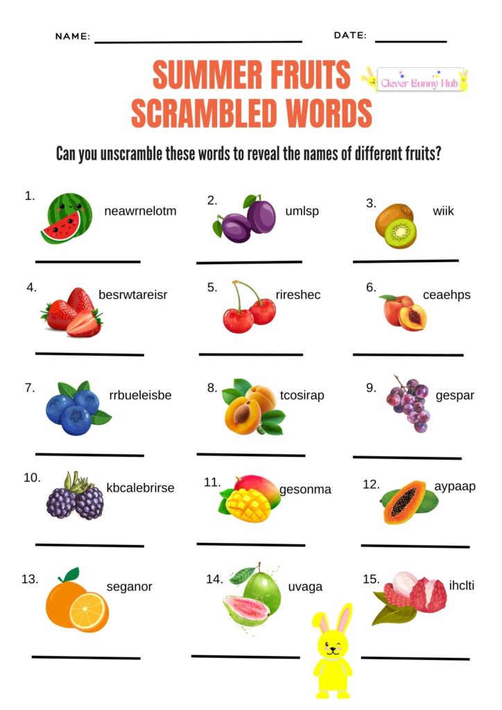 Summer fruits scrambled words worksheet