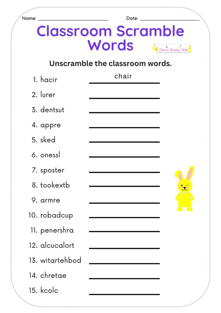 Classroom Scramble Words Worksheet