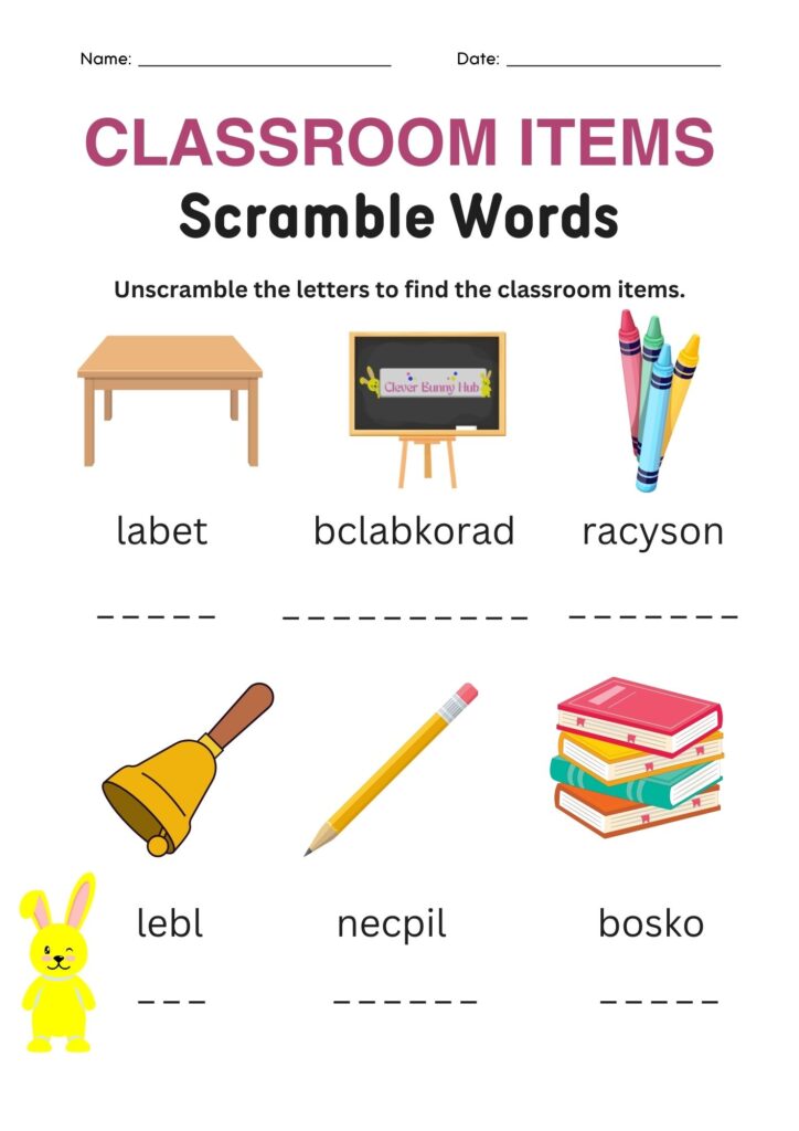 Classroom Items Scramble Words Worksheet