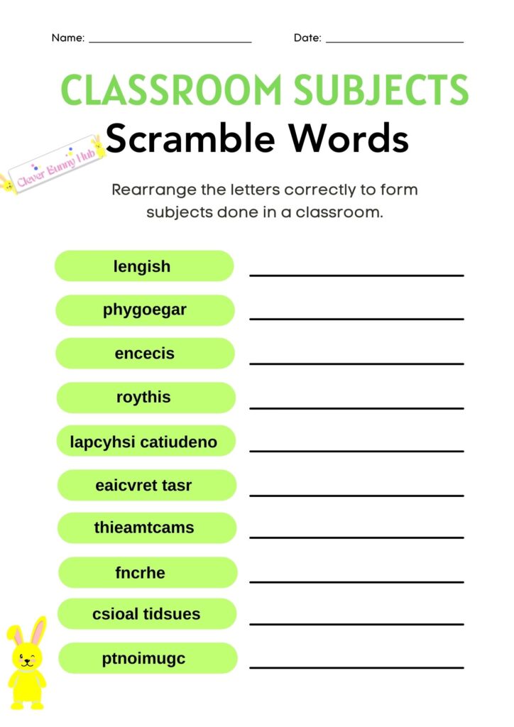 Classroom Subjects Scramble Words Worksheet