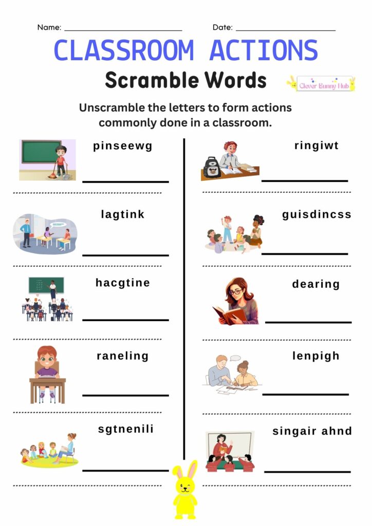 Classroom Actions Scramble Words Worksheet