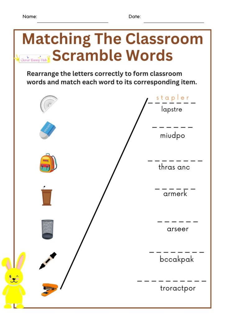 Matching The Classroom Scramble Words Worksheet