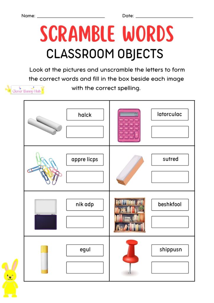 Scramble Words Classroom Objects Worksheet