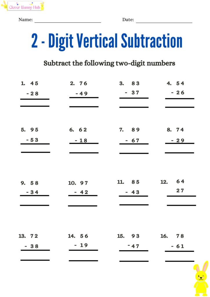 2-Digits Vertical subtraction Worksheet