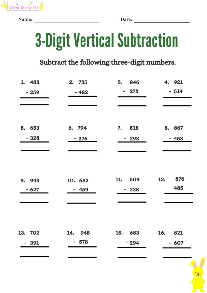 3-Digit Vertical Subtraction Worksheet