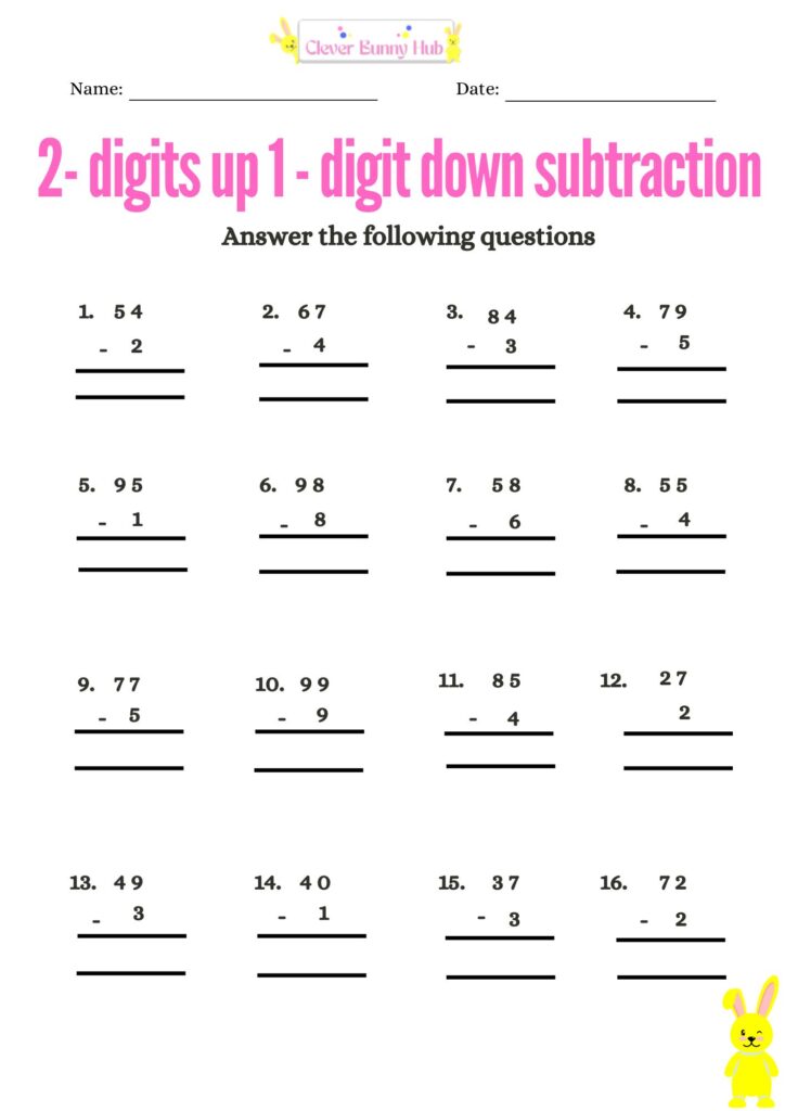 2-Digits up 1- Digit Down Subtraction Worksheet