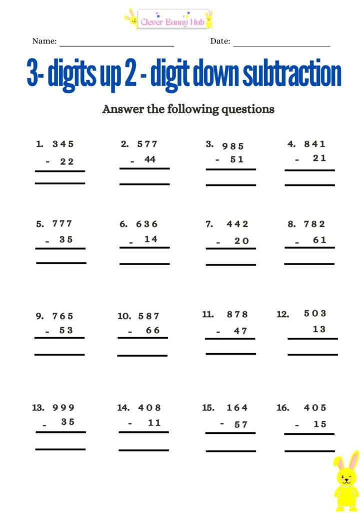 3-Digits up 2-Digits Down Subtraction Worksheet