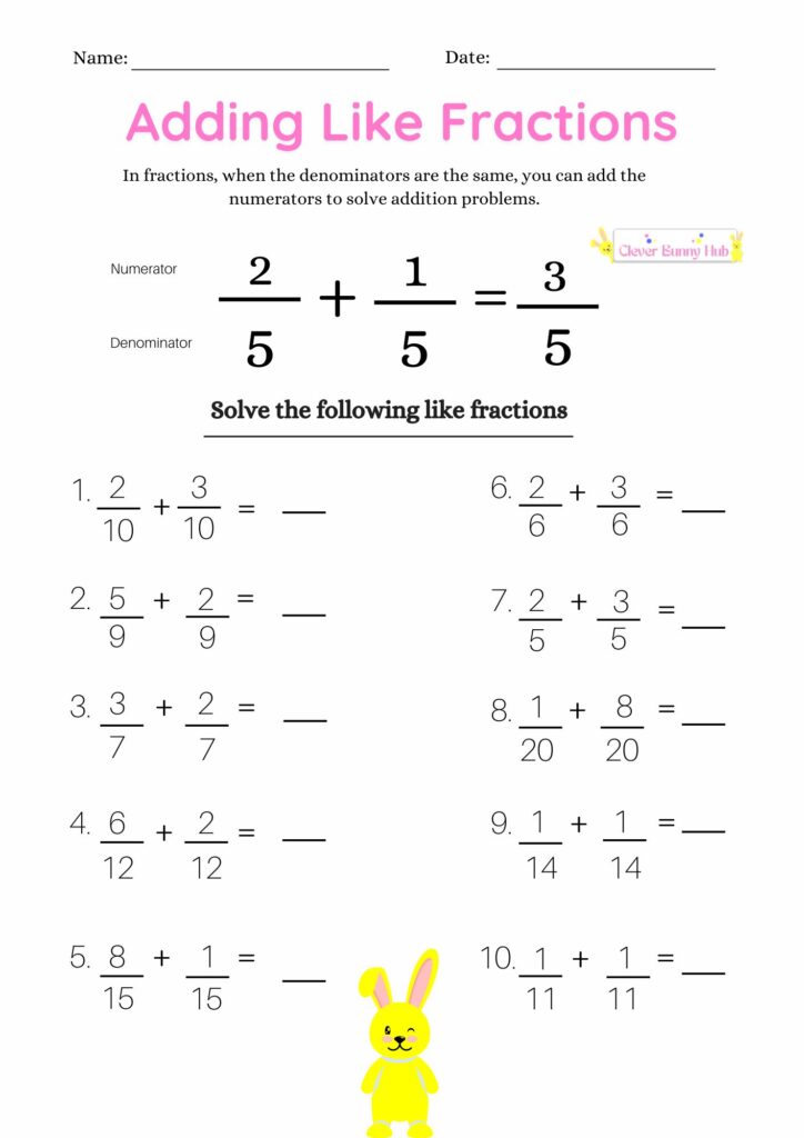 Adding like fractions worksheet