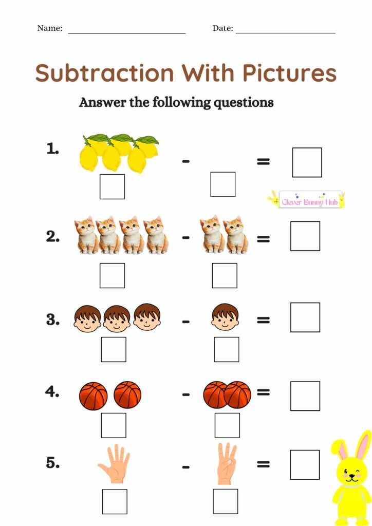 Pictures Subtraction Worksheet for Kindergarten