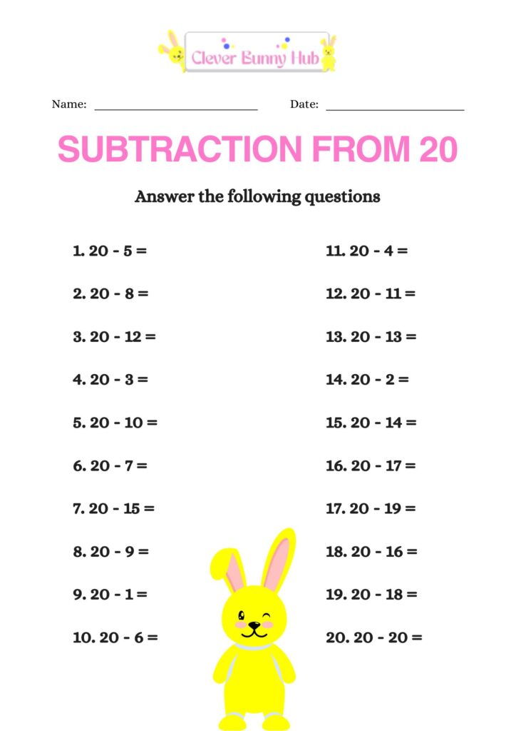 Subtraction From 20 Worksheet