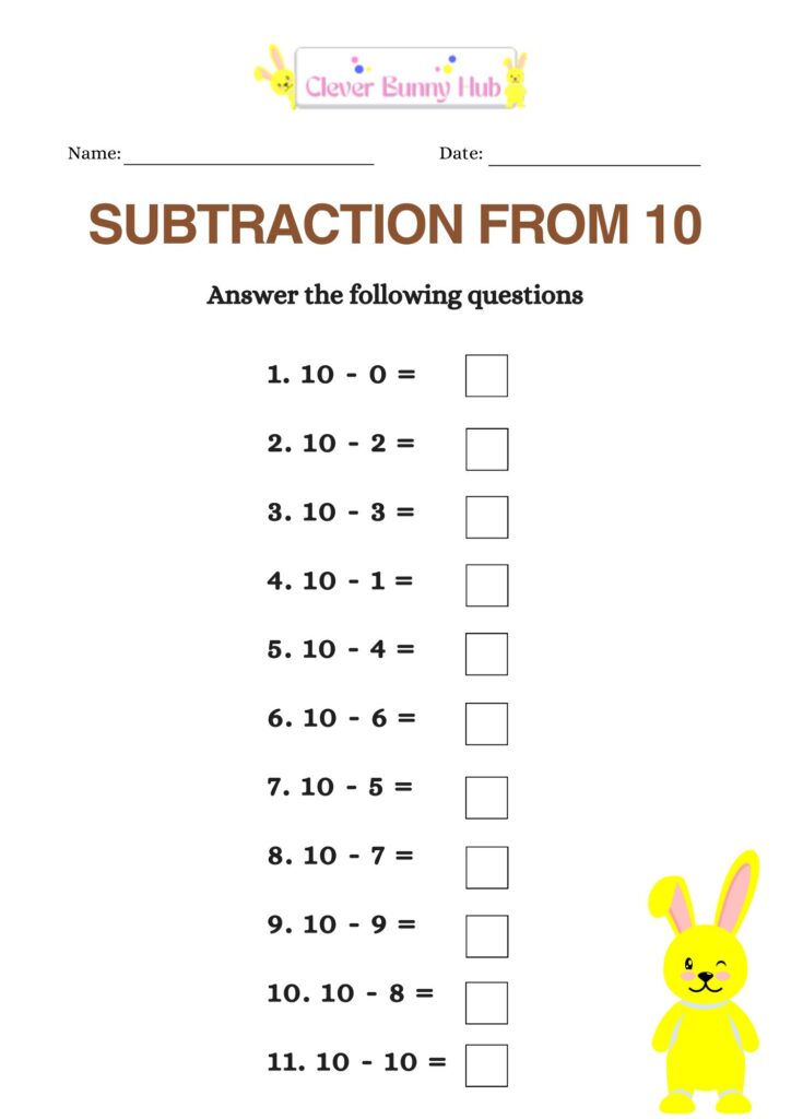 Subtraction From 10 Worksheet