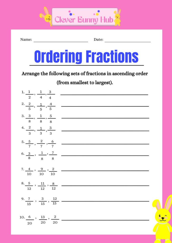 Ordering fractions from ascending order worksheet