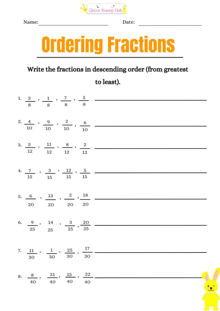 Ordering fractions from descending order worksheet