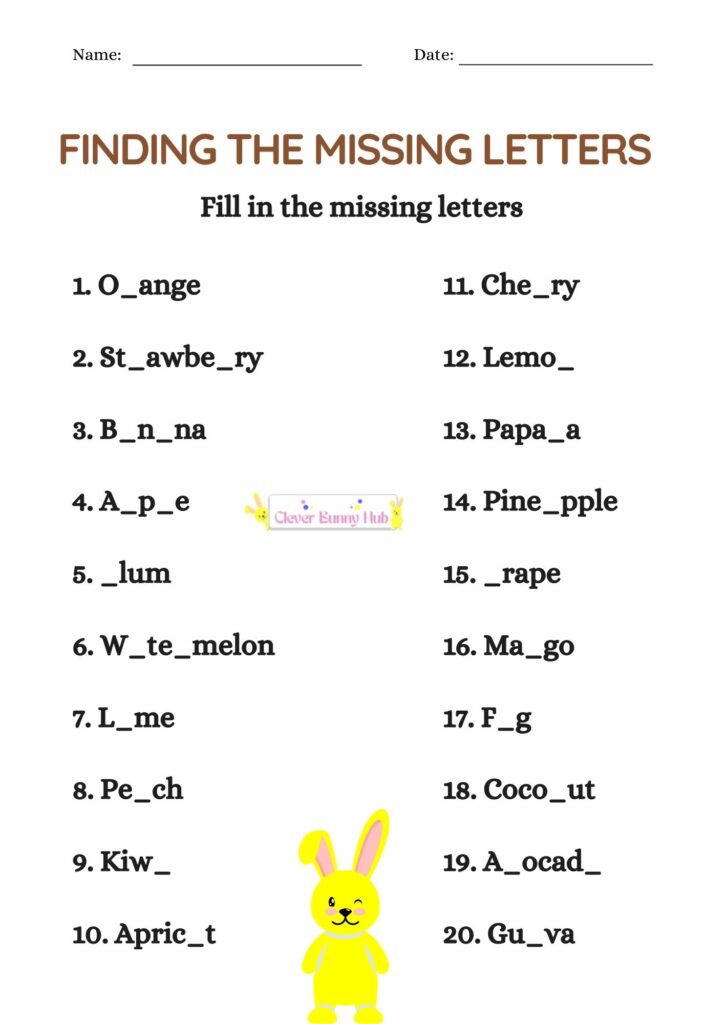 Finding The Missing Letters Fruit Worksheet