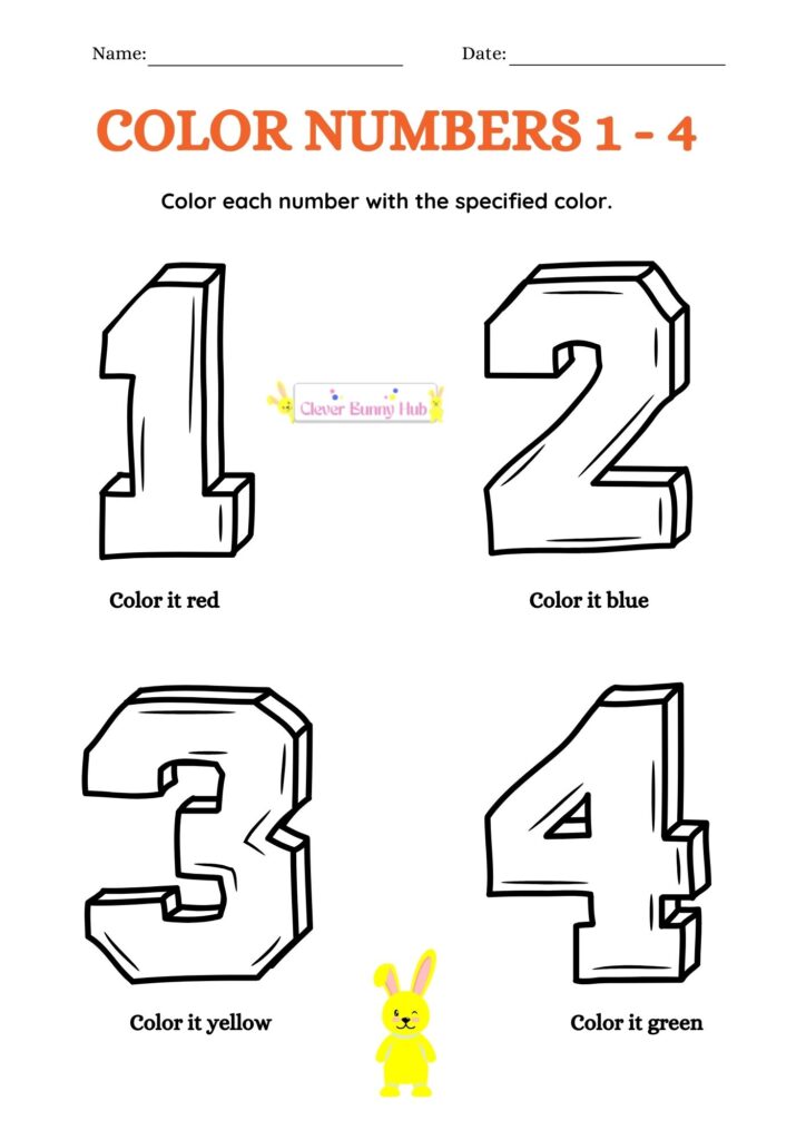 Color Numbers 1-4 Worksheet